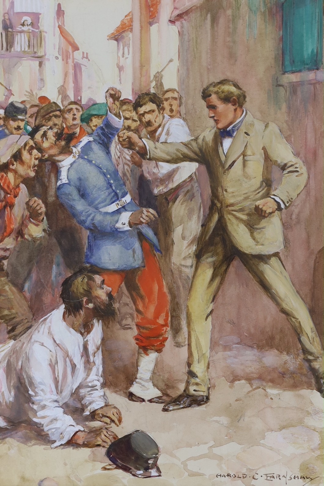 Original Artwork - Harold C. Earnshaw (1886-1937) - A full set of six coloured illustrations for The Red Hussar, by Reginald Horsley, signed, 25 x 19cms., framed, together with a copy of the book, 1912 (7)